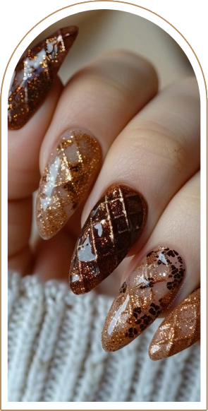 hands young woman with acrylic brown design nails